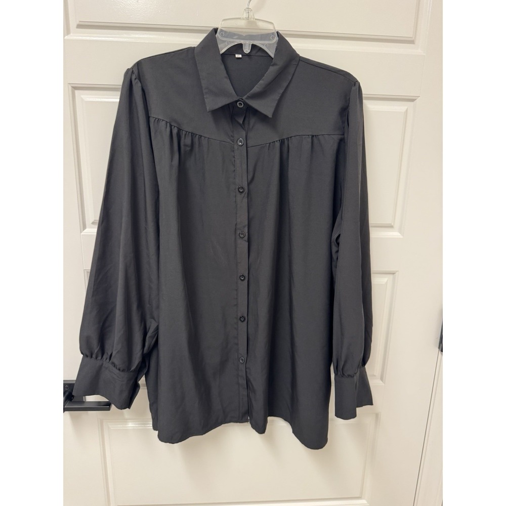 4XL Women's Black Long Sleeve Blouse Top Button Front A6